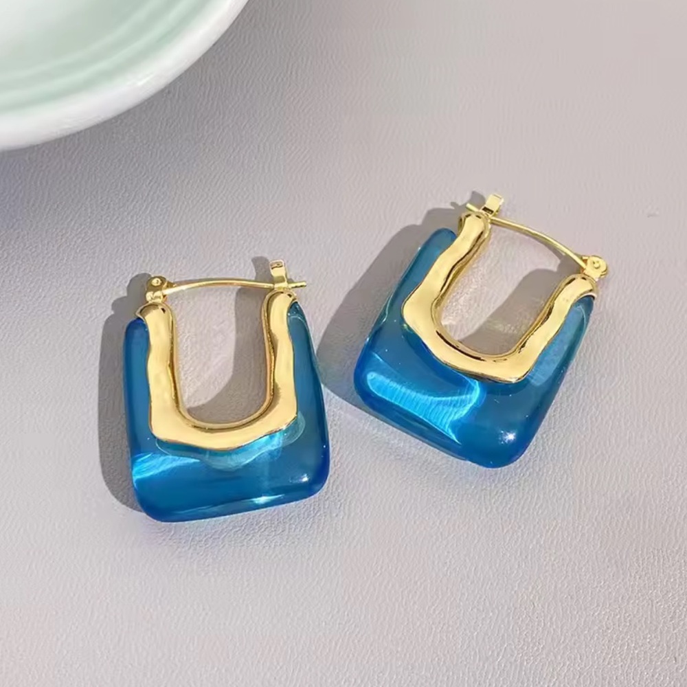 Anthropologie Gold and Blue Sculpted Resin Hoop Earrings